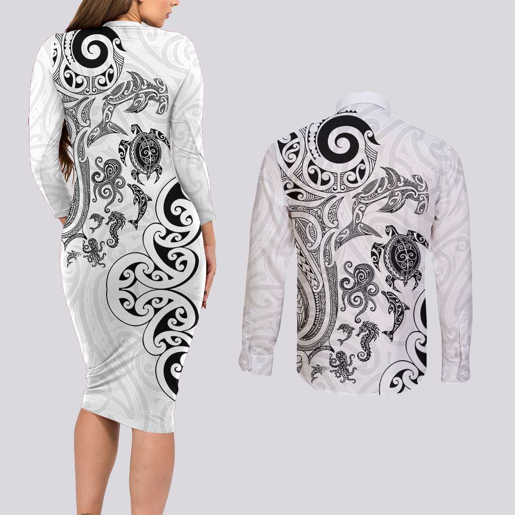 New Zealand Sea Animals with Maori Tribal Tattoo Couples Matching Long Sleeve Bodycon Dress and Long Sleeve Button Shirt White Color LT03 - Polynesian Pride
