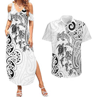 New Zealand Sea Animals with Maori Tribal Tattoo Couples Matching Summer Maxi Dress and Hawaiian Shirt White Color LT03 White - Polynesian Pride