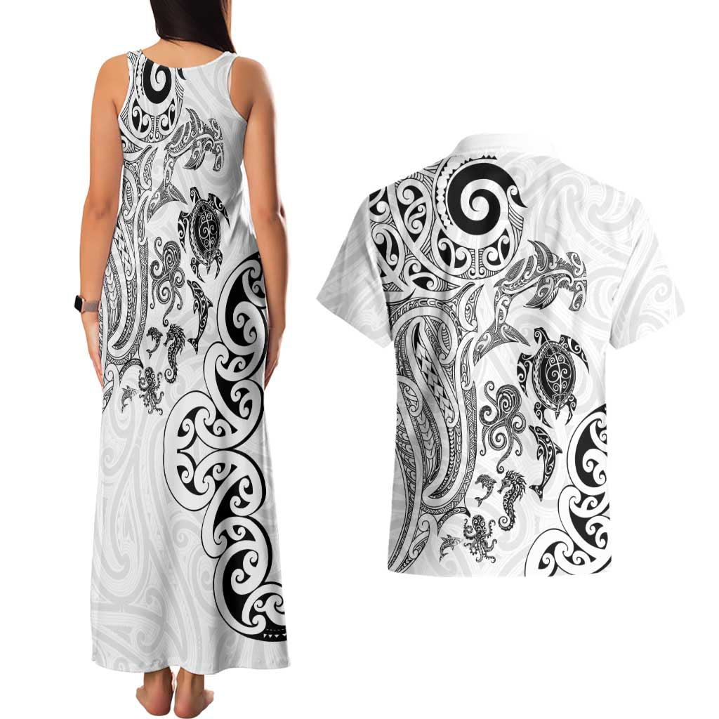 New Zealand Sea Animals with Maori Tribal Tattoo Couples Matching Tank Maxi Dress and Hawaiian Shirt White Color LT03 - Polynesian Pride