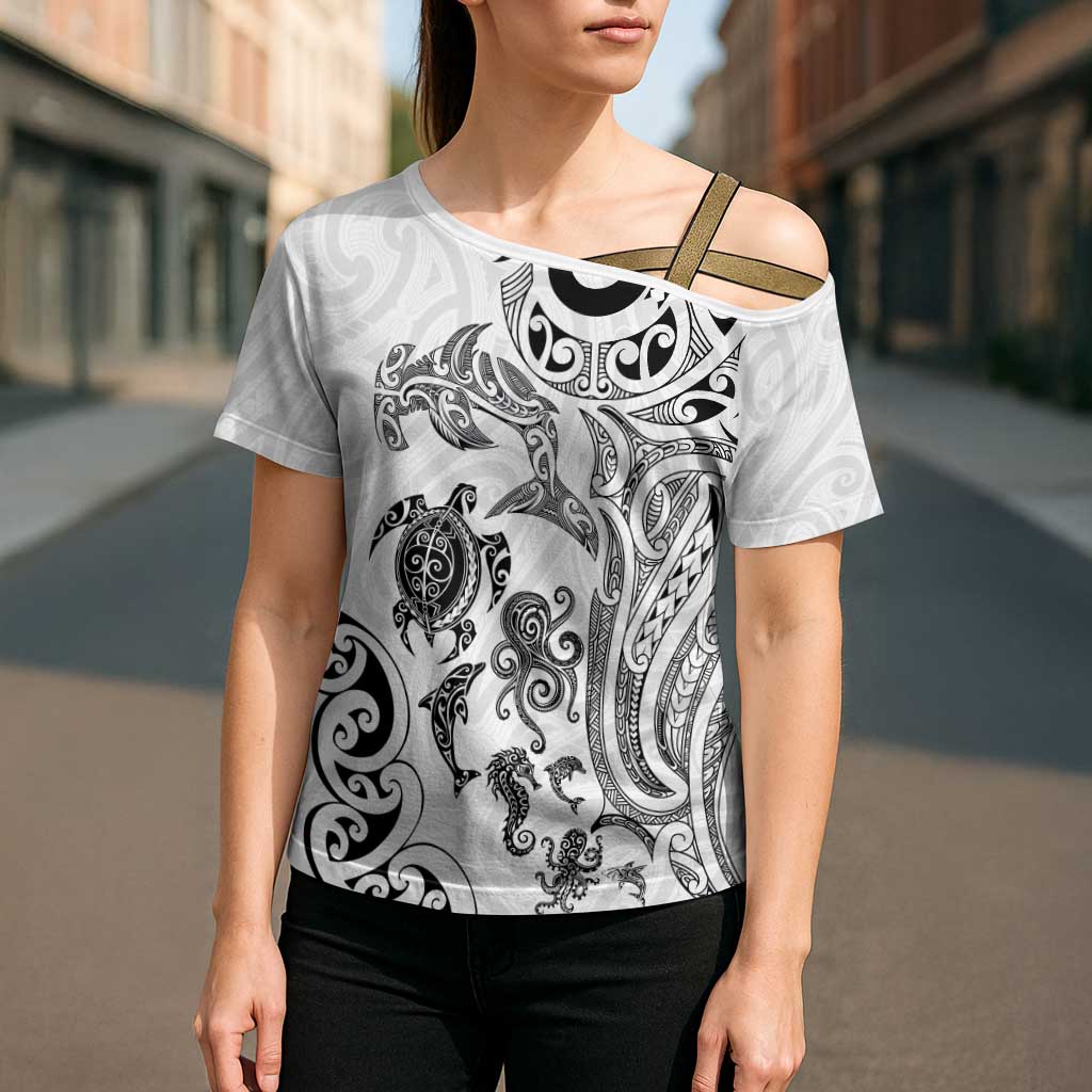 New Zealand Sea Animals with Maori Tribal Tattoo Cross Shoulder Shirt White Color