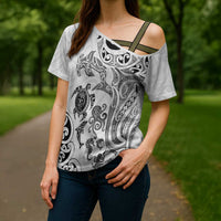 New Zealand Sea Animals with Maori Tribal Tattoo Cross Shoulder Shirt White Color