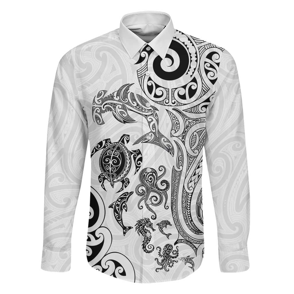 New Zealand Sea Animals with Maori Tribal Tattoo Family Matching Off Shoulder Short Dress and Hawaiian Shirt White Color LT03 Dad's Shirt - Long Sleeve White - Polynesian Pride