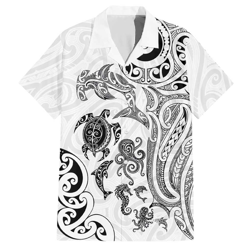 New Zealand Sea Animals with Maori Tribal Tattoo Family Matching Tank Maxi Dress and Hawaiian Shirt White Color LT03 Dad's Shirt - Short Sleeve White - Polynesian Pride