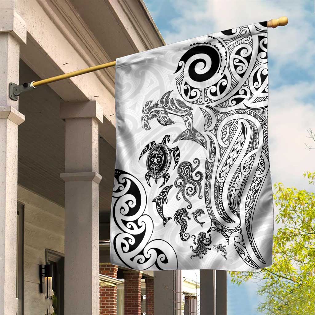 New Zealand Sea Animals with Maori Tribal Tattoo Garden Flag White Color