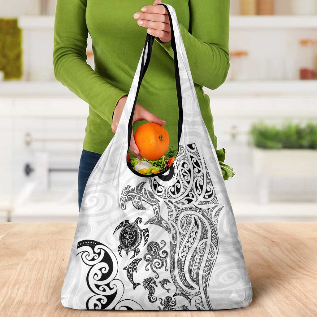 New Zealand Sea Animals with Maori Tribal Tattoo Grocery Bag White Color