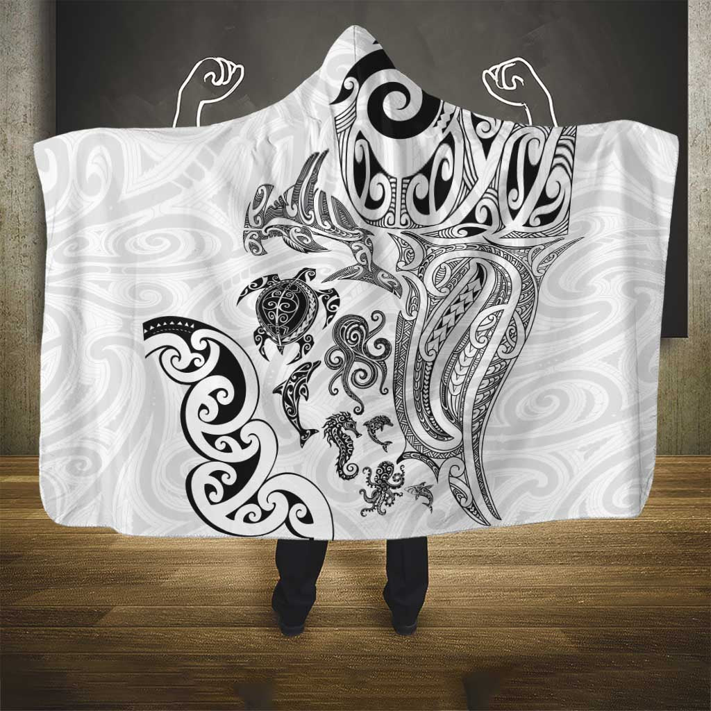 New Zealand Sea Animals with Maori Tribal Tattoo Hooded Blanket White Color