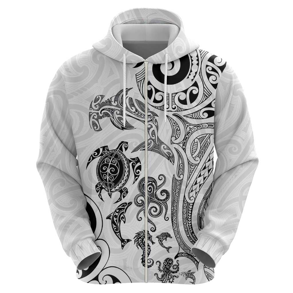 New Zealand Sea Animals with Maori Tribal Tattoo Hoodie White Color