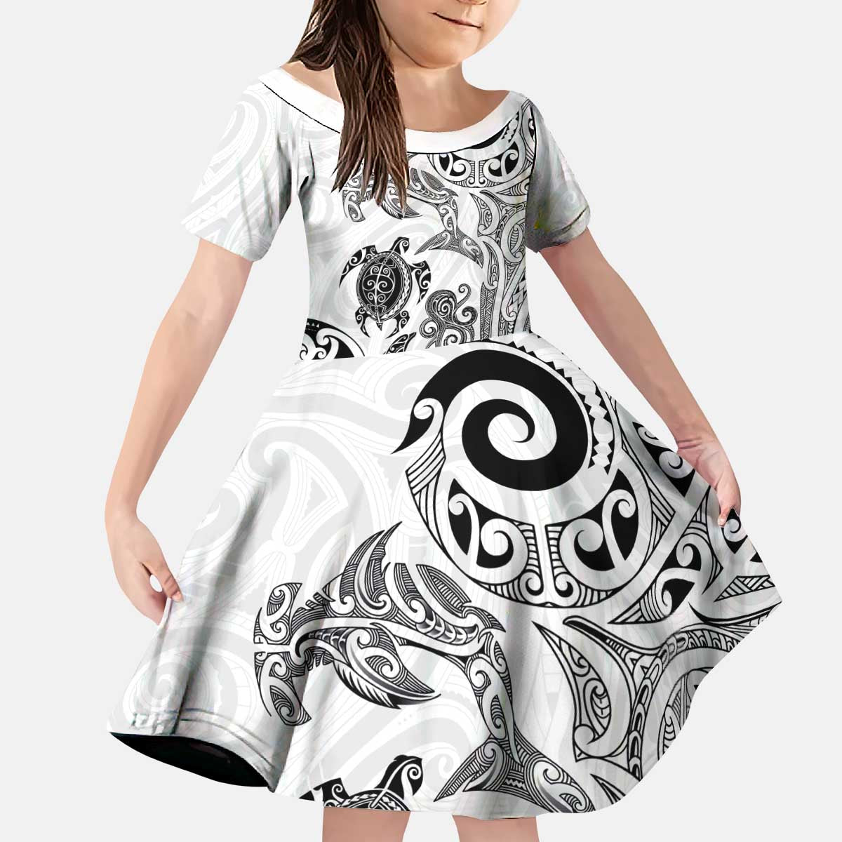 New Zealand Sea Animals with Maori Tribal Tattoo Kid Short Sleeve Dress White Color LT03 KID White - Polynesian Pride