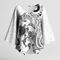 New Zealand Sea Animals with Maori Tribal Tattoo Kimono Sleeve Blouse White Color