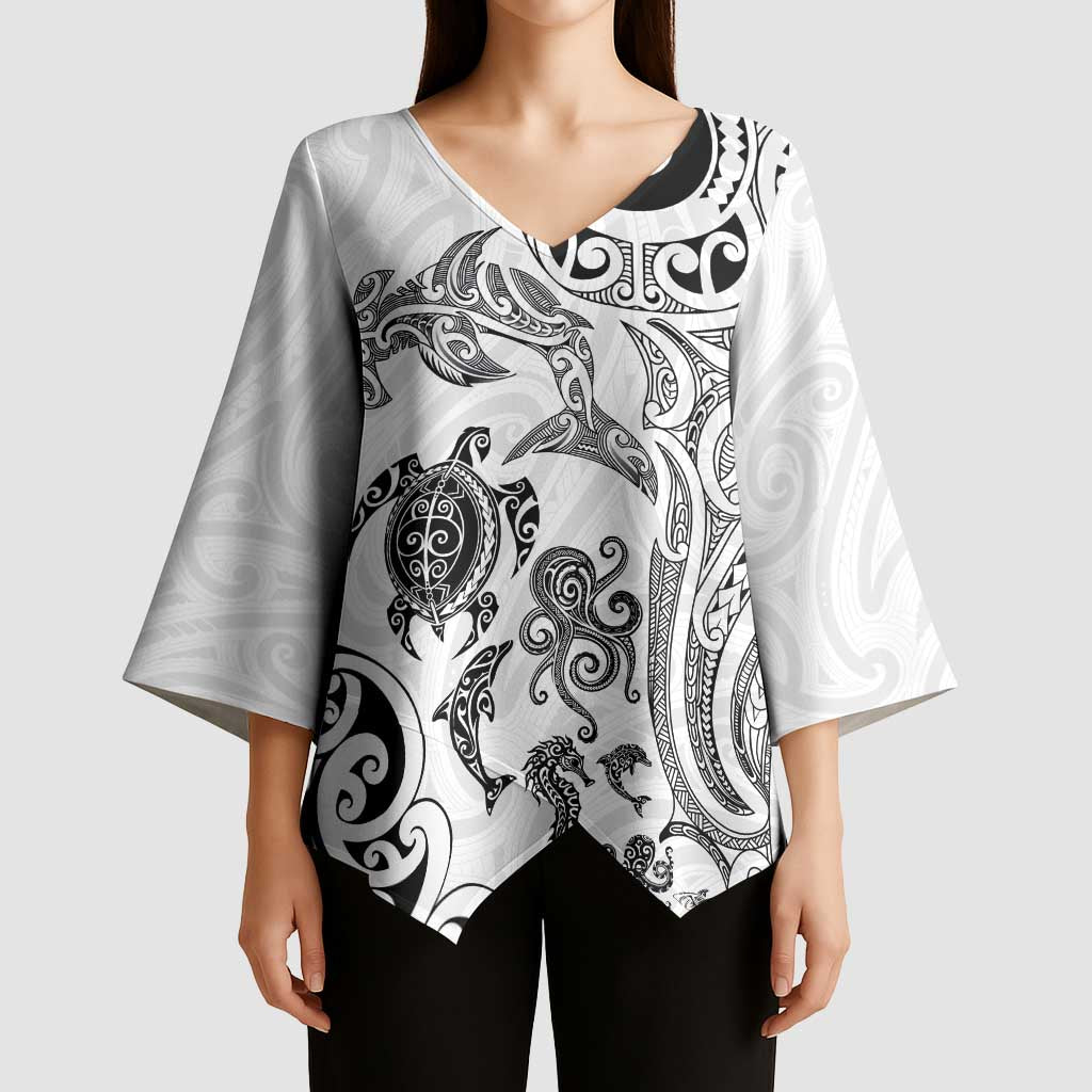 New Zealand Sea Animals with Maori Tribal Tattoo Kimono Sleeve Blouse White Color