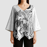 New Zealand Sea Animals with Maori Tribal Tattoo Kimono Sleeve Blouse White Color