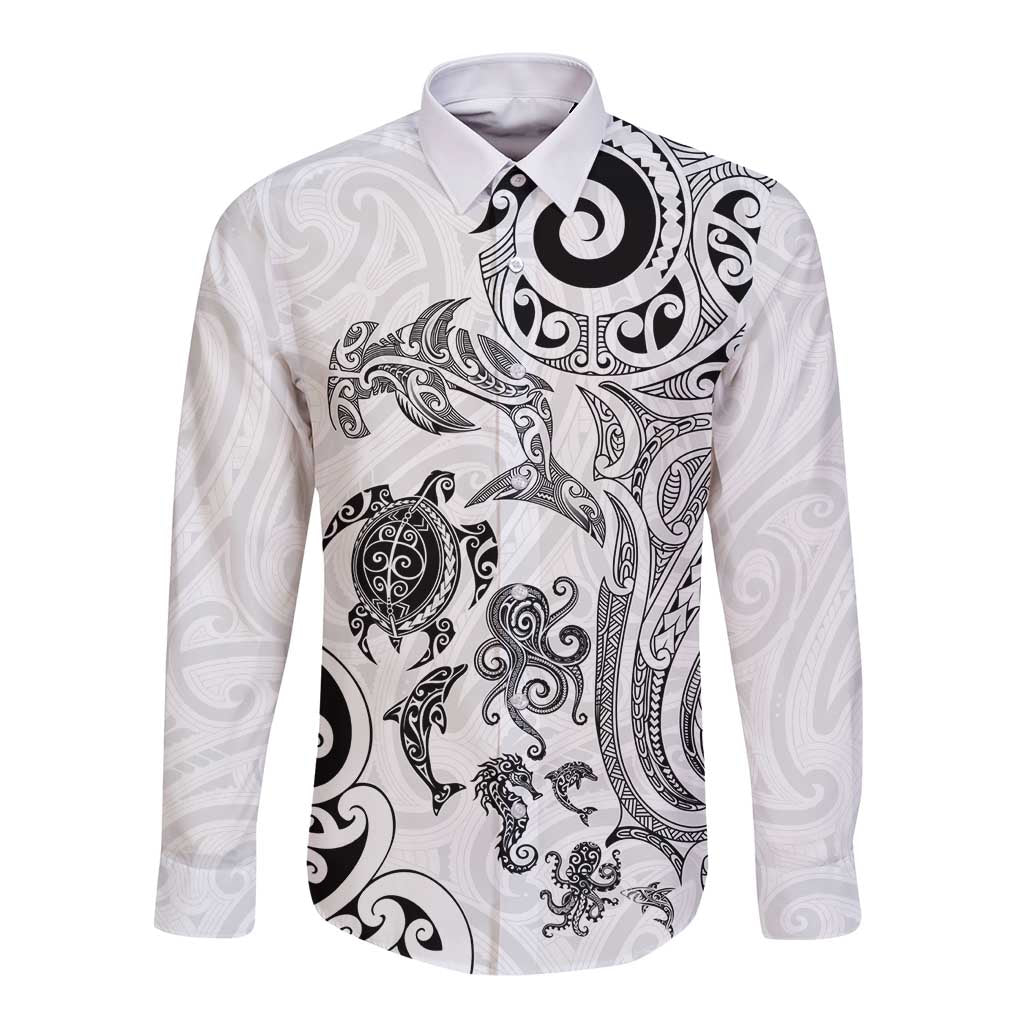New Zealand Sea Animals with Maori Tribal Tattoo Long Sleeve Button Shirt White Color LT03 Unisex White - Polynesian Pride