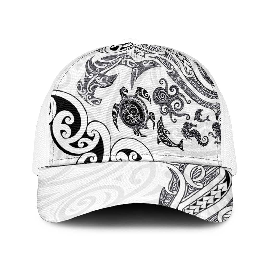 New Zealand Sea Animals with Maori Tribal Tattoo Mesh Trucker Cap White Color