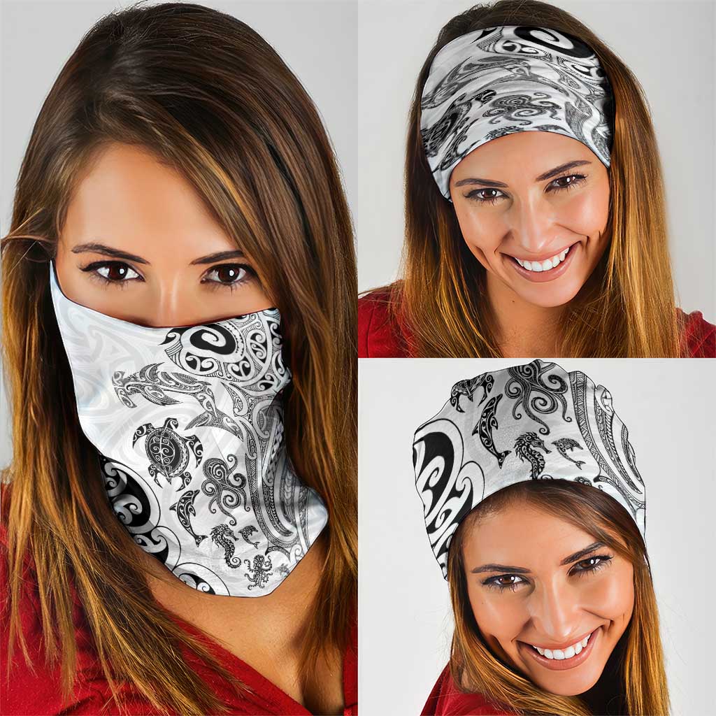 New Zealand Sea Animals with Maori Tribal Tattoo Neck Gaiter White Color LT03 - Polynesian Pride
