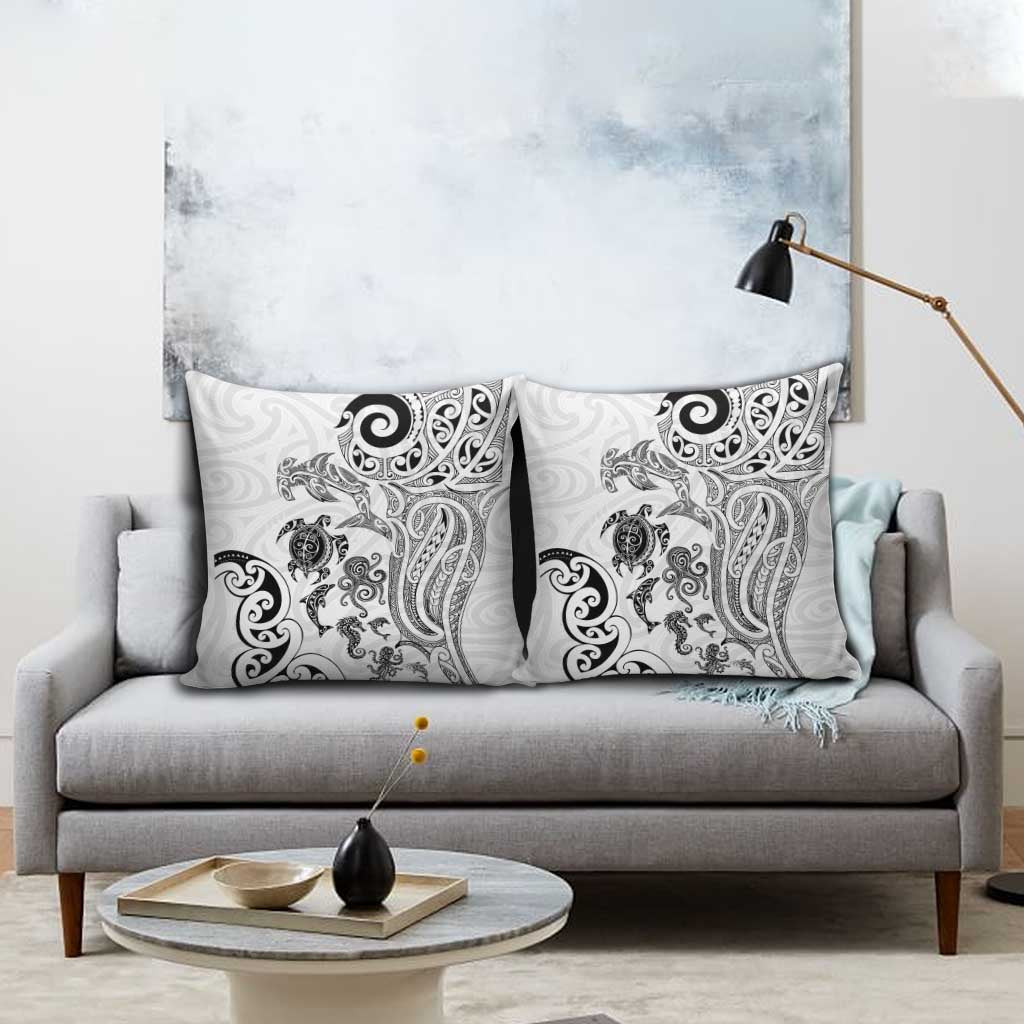 New Zealand Sea Animals with Maori Tribal Tattoo Pillow Cover White Color LT03 - Polynesian Pride