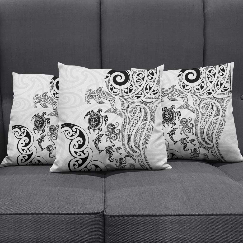 New Zealand Sea Animals with Maori Tribal Tattoo Pillow Cover White Color LT03 - Polynesian Pride
