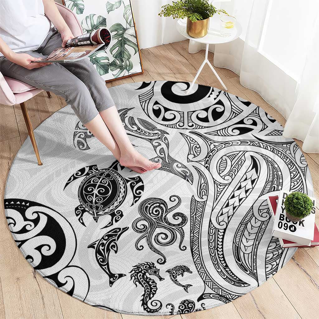 New Zealand Sea Animals with Maori Tribal Tattoo Round Carpet White Color LT03 - Polynesian Pride