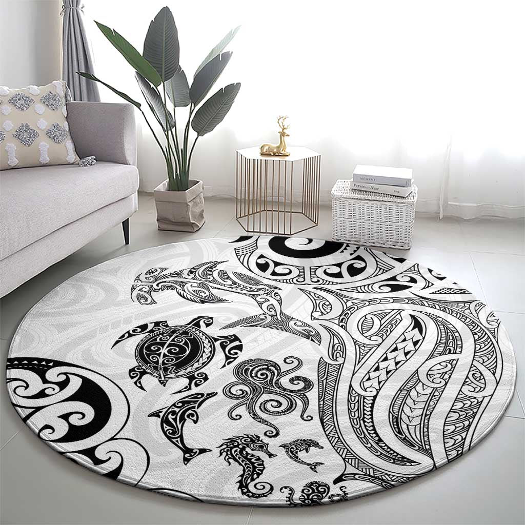 New Zealand Sea Animals with Maori Tribal Tattoo Round Carpet White Color LT03 - Polynesian Pride