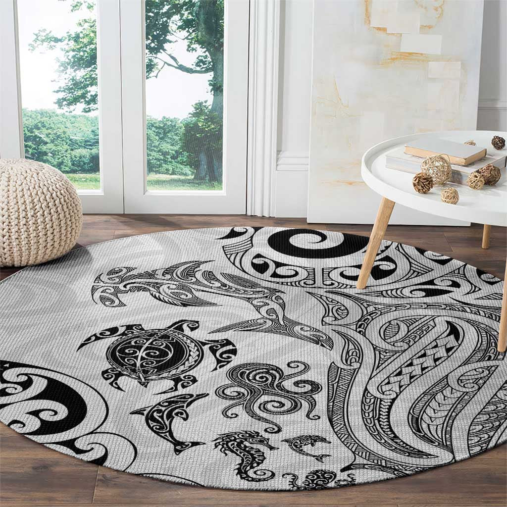 New Zealand Sea Animals with Maori Tribal Tattoo Round Carpet White Color LT03 - Polynesian Pride
