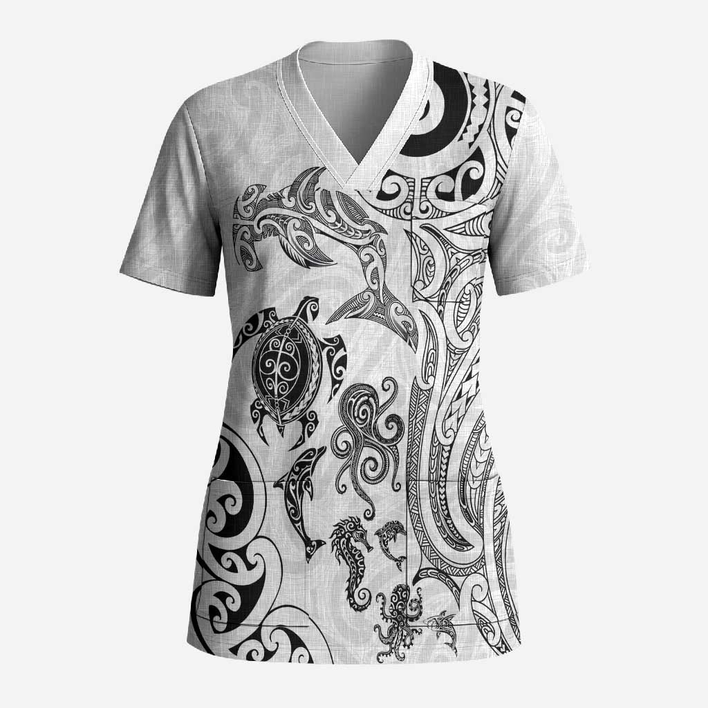 New Zealand Sea Animals with Maori Tribal Tattoo Scrub Top White Color LT03 Adult White - Polynesian Pride
