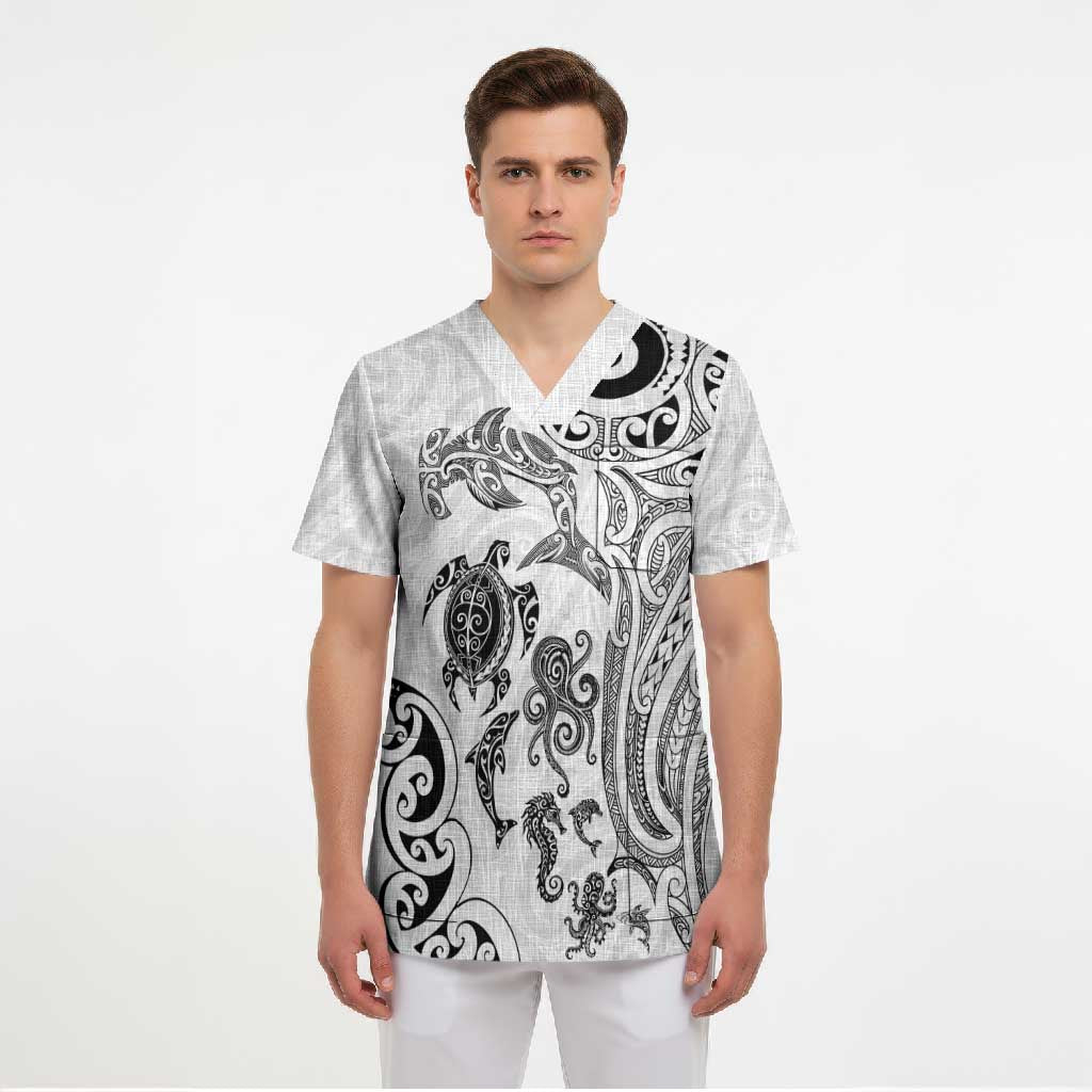 New Zealand Sea Animals with Maori Tribal Tattoo Scrub Top White Color LT03 - Polynesian Pride