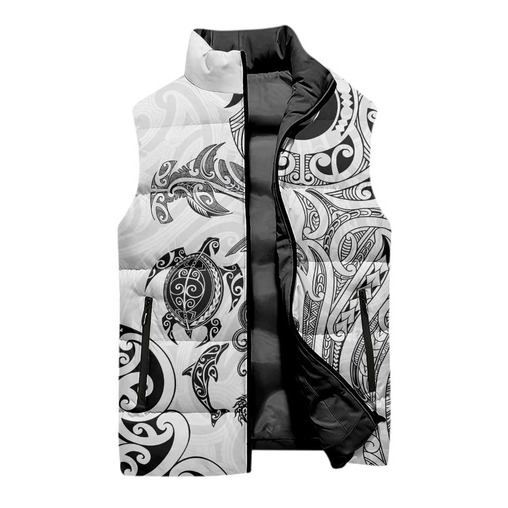 New Zealand Sea Animals with Maori Tribal Tattoo Sleeveless Puffer Jacket White Color LT03 - Polynesian Pride
