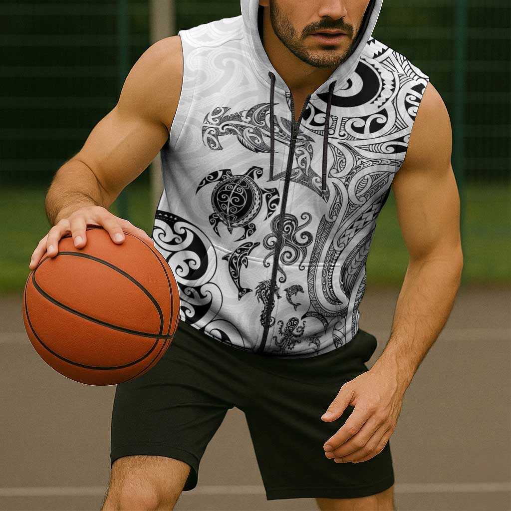 New Zealand Sea Animals with Maori Tribal Tattoo Sleeveless Zip Hoodie White Color LT03 - Polynesian Pride