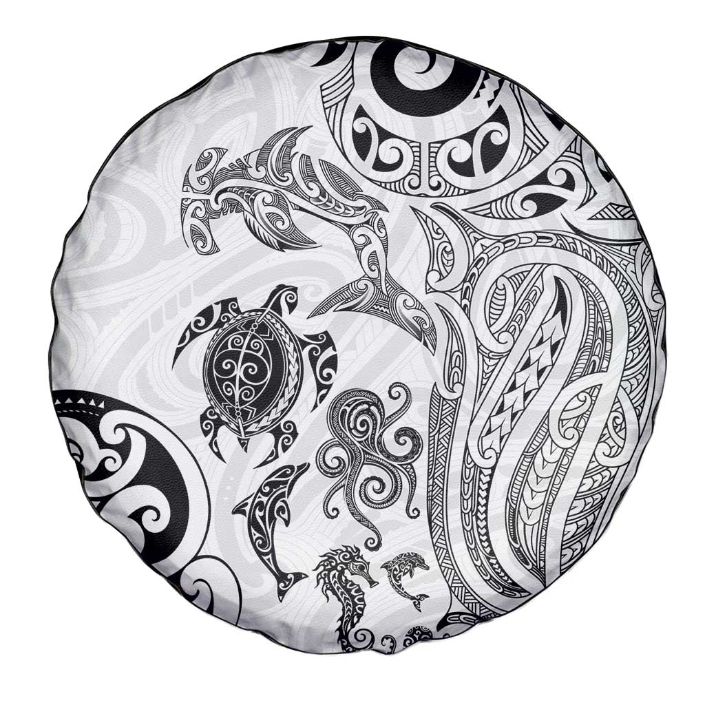 New Zealand Sea Animals with Maori Tribal Tattoo Spare Tire Cover White Color LT03 - Polynesian Pride