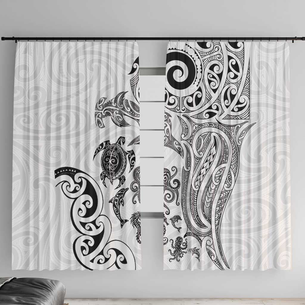 New Zealand Sea Animals with Maori Tribal Tattoo Window Curtain White Color