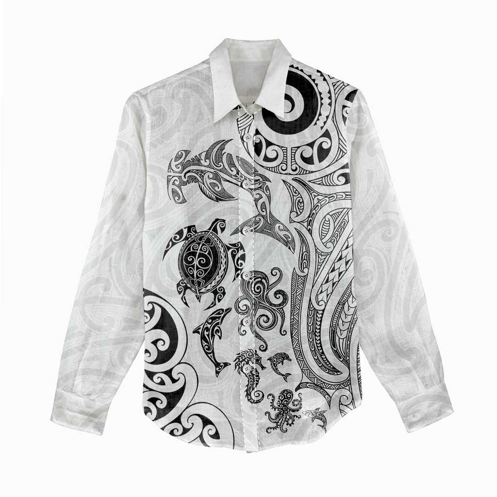 New Zealand Sea Animals with Maori Tribal Tattoo Women Casual Shirt White Color LT03 - Polynesian Pride