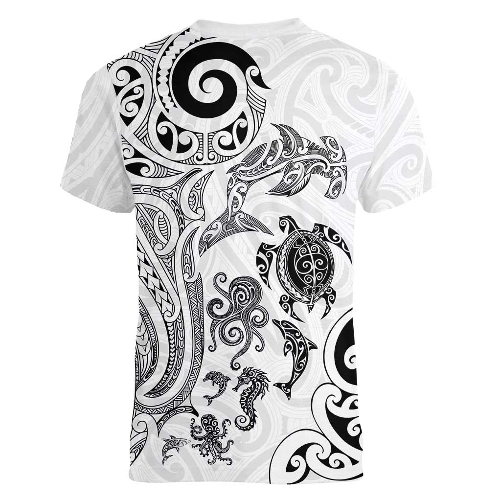 New Zealand Sea Animals with Maori Tribal Tattoo Women V-Neck T-Shirt White Color LT03 - Polynesian Pride