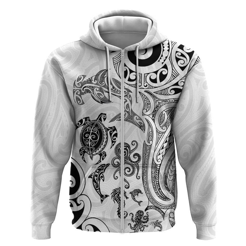 New Zealand Sea Animals with Maori Tribal Tattoo Zip Hoodie White Color LT03 Zip Hoodie White - Polynesian Pride