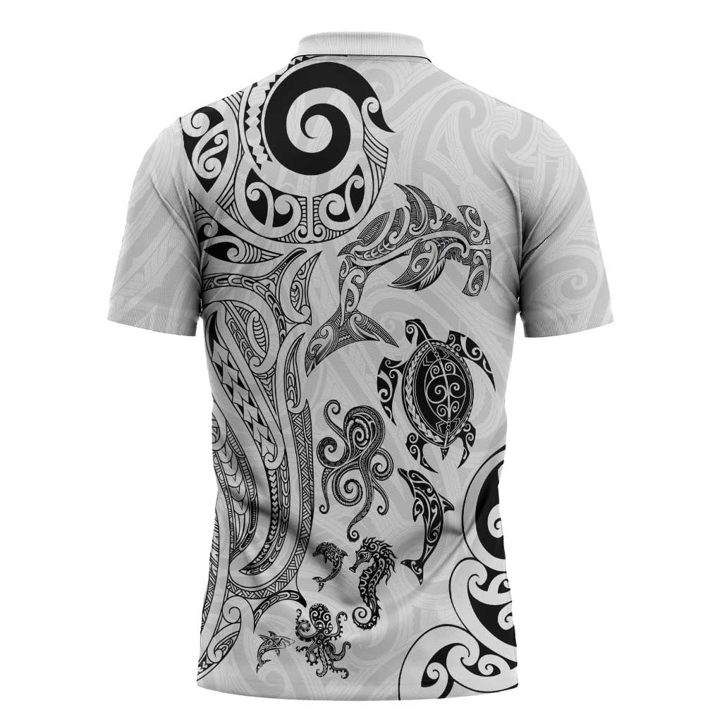 New Zealand Sea Animals with Maori Tribal Tattoo Zipper Polo Shirt White Color LT03 - Polynesian Pride