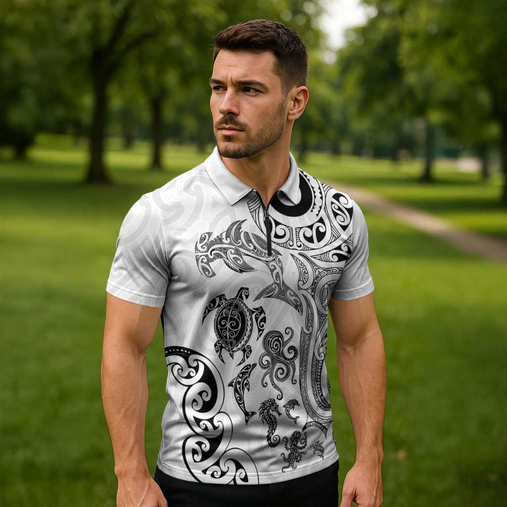 New Zealand Sea Animals with Maori Tribal Tattoo Zipper Polo Shirt White Color LT03 - Polynesian Pride