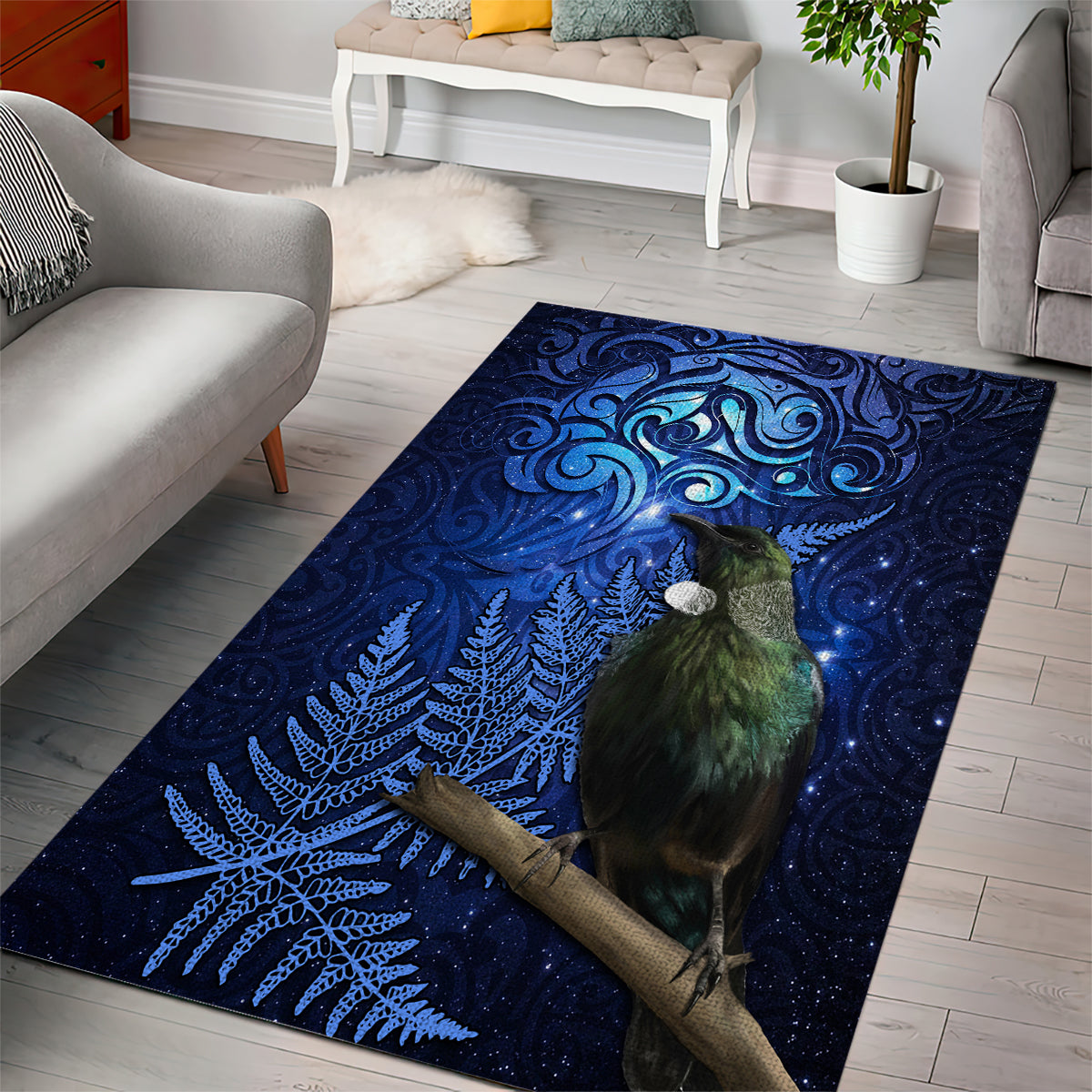 New Zealand Tui Bird Matariki Area Rug Maori New Year with Galaxy Fern LT03 - Polynesian Pride