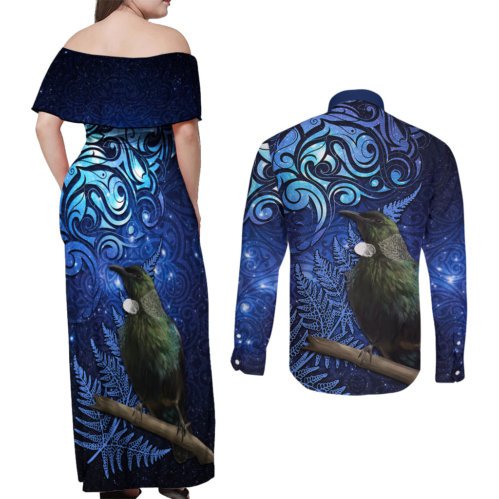 New Zealand Tui Bird Matariki Couples Matching Off Shoulder Maxi Dress and Long Sleeve Button Shirt Maori New Year with Galaxy Fern LT03 - Polynesian Pride