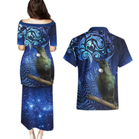 New Zealand Tui Bird Matariki Couples Matching Puletasi and Hawaiian Shirt Maori New Year with Galaxy Fern