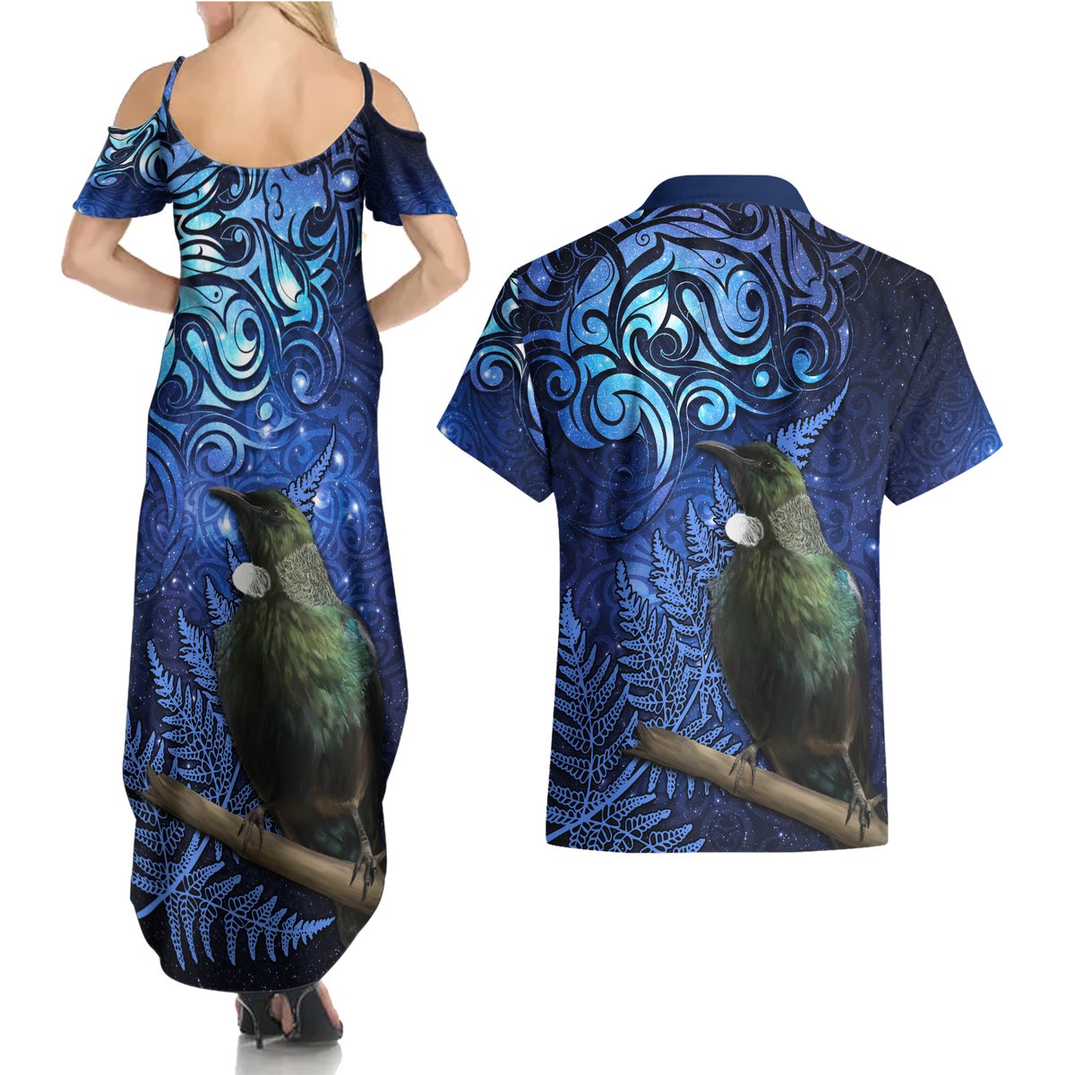 New Zealand Tui Bird Matariki Couples Matching Summer Maxi Dress and Hawaiian Shirt Maori New Year with Galaxy Fern LT03 - Polynesian Pride