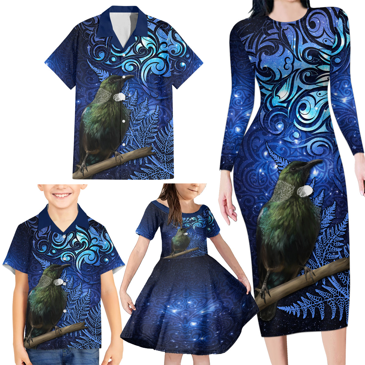New Zealand Tui Bird Matariki Family Matching Long Sleeve Bodycon Dress and Hawaiian Shirt Maori New Year with Galaxy Fern LT03 - Polynesian Pride