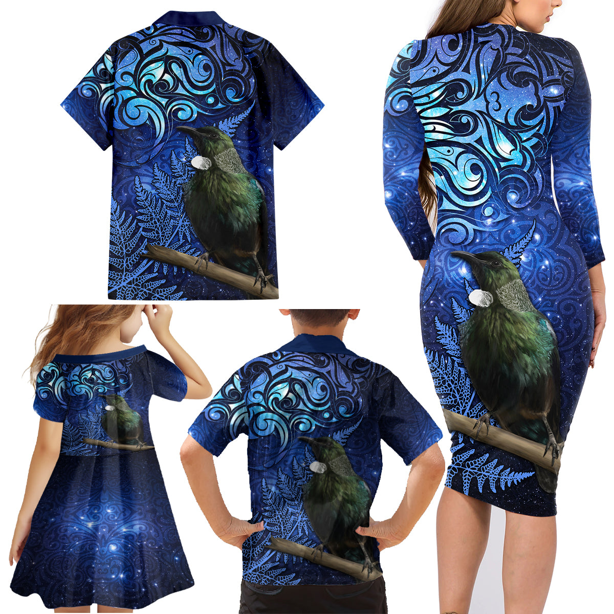 New Zealand Tui Bird Matariki Family Matching Long Sleeve Bodycon Dress and Hawaiian Shirt Maori New Year with Galaxy Fern LT03 - Polynesian Pride