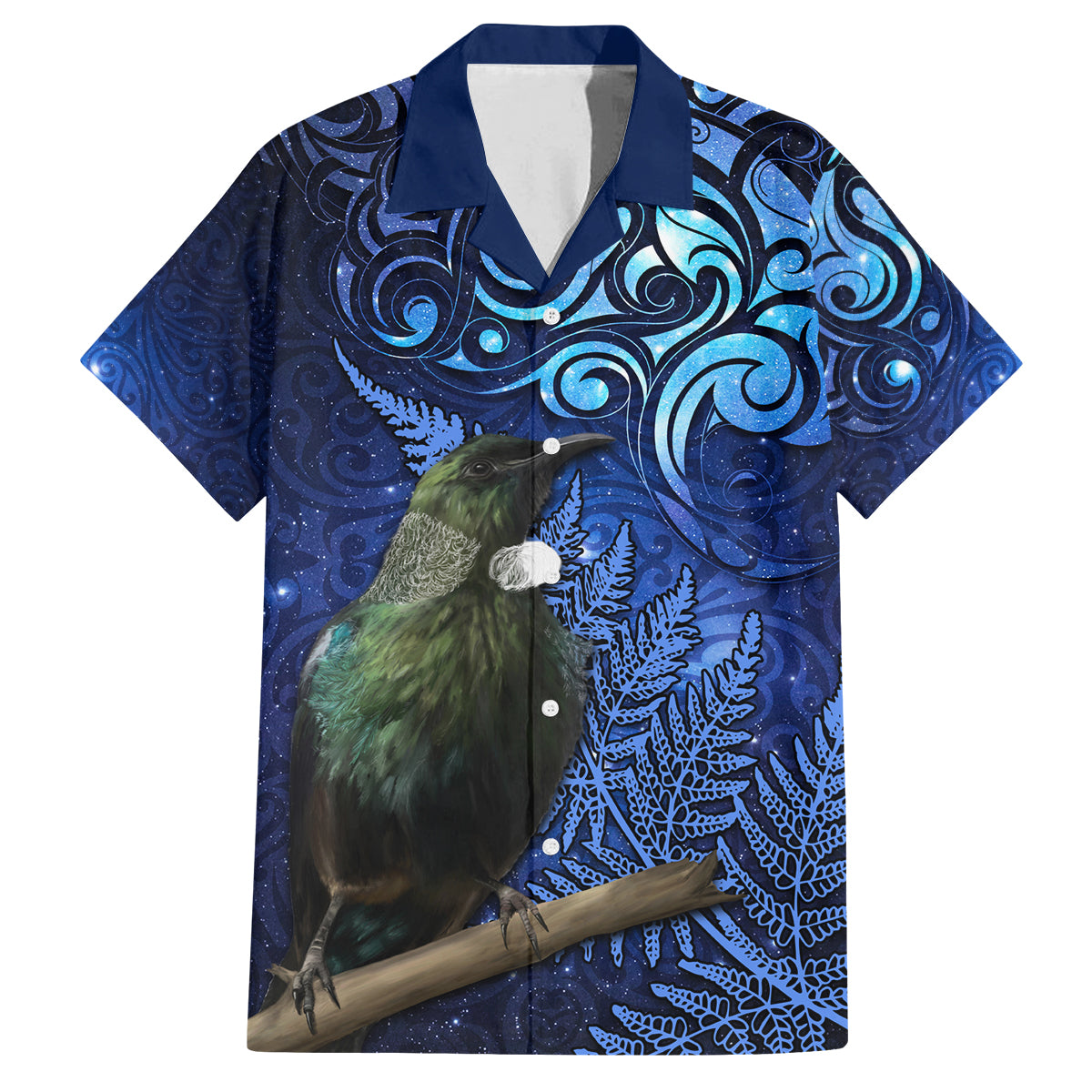 New Zealand Tui Bird Matariki Family Matching Off Shoulder Maxi Dress and Hawaiian Shirt Maori New Year with Galaxy Fern LT03 Dad's Shirt - Short Sleeve Blue - Polynesian Pride