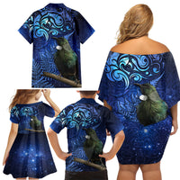 New Zealand Tui Bird Matariki Family Matching Off Shoulder Short Dress and Hawaiian Shirt Maori New Year with Galaxy Fern LT03 - Polynesian Pride