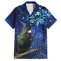 New Zealand Tui Bird Matariki Family Matching Off Shoulder Short Dress and Hawaiian Shirt Maori New Year with Galaxy Fern LT03 Dad's Shirt - Short Sleeve Blue - Polynesian Pride