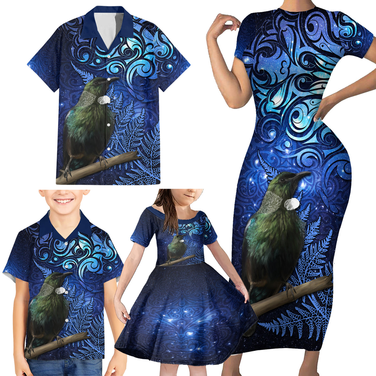 New Zealand Tui Bird Matariki Family Matching Short Sleeve Bodycon Dress and Hawaiian Shirt Maori New Year with Galaxy Fern LT03 - Polynesian Pride
