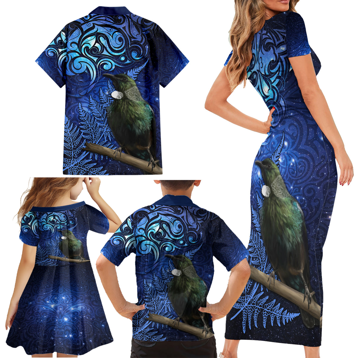 New Zealand Tui Bird Matariki Family Matching Short Sleeve Bodycon Dress and Hawaiian Shirt Maori New Year with Galaxy Fern LT03 - Polynesian Pride