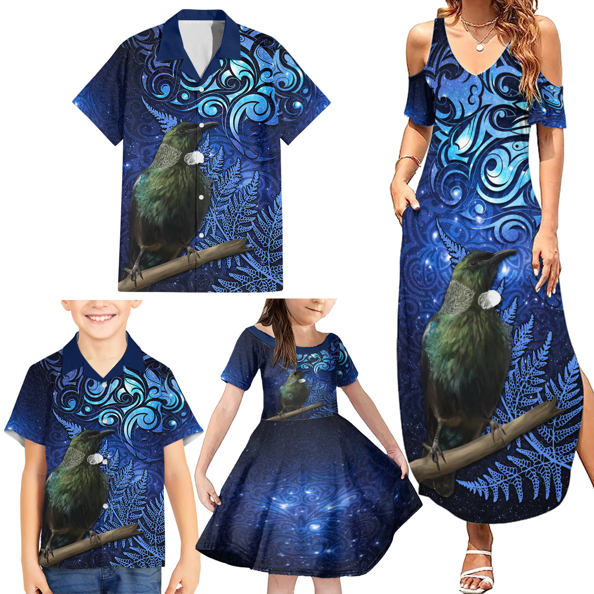 New Zealand Tui Bird Matariki Family Matching Summer Maxi Dress and Hawaiian Shirt Maori New Year with Galaxy Fern LT03 - Polynesian Pride