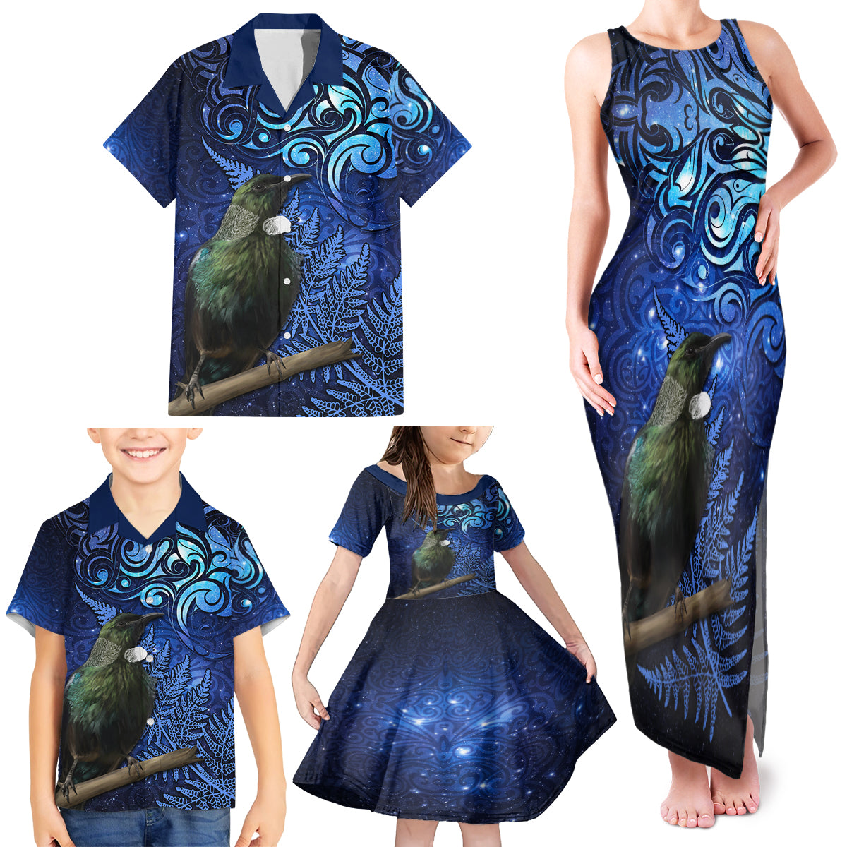 New Zealand Tui Bird Matariki Family Matching Tank Maxi Dress and Hawaiian Shirt Maori New Year with Galaxy Fern LT03 - Polynesian Pride
