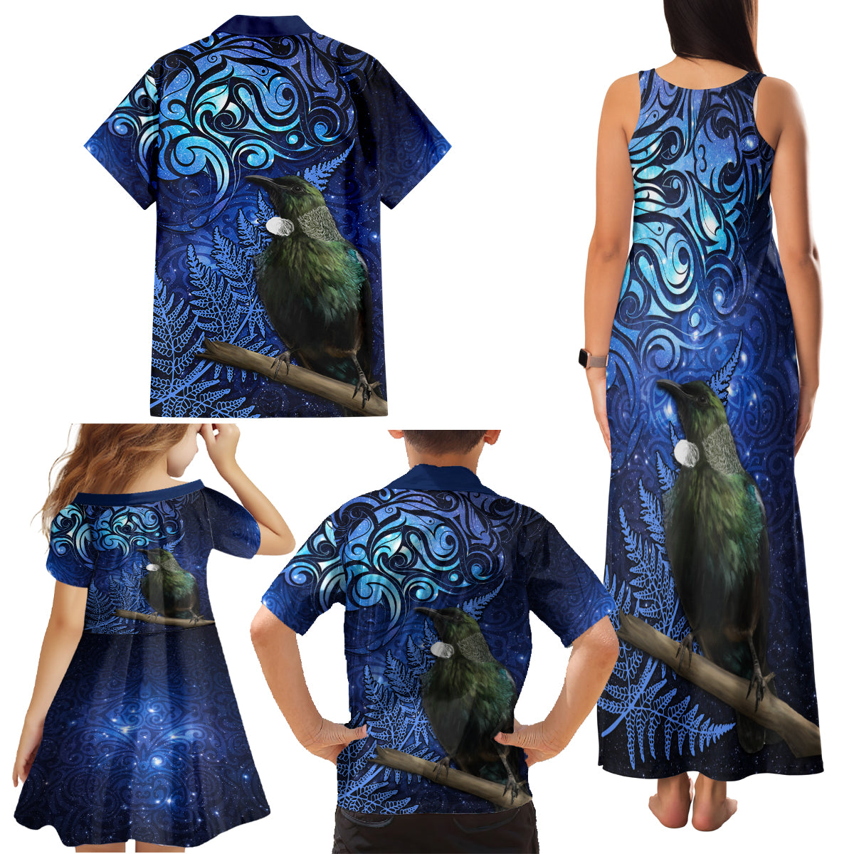New Zealand Tui Bird Matariki Family Matching Tank Maxi Dress and Hawaiian Shirt Maori New Year with Galaxy Fern LT03 - Polynesian Pride
