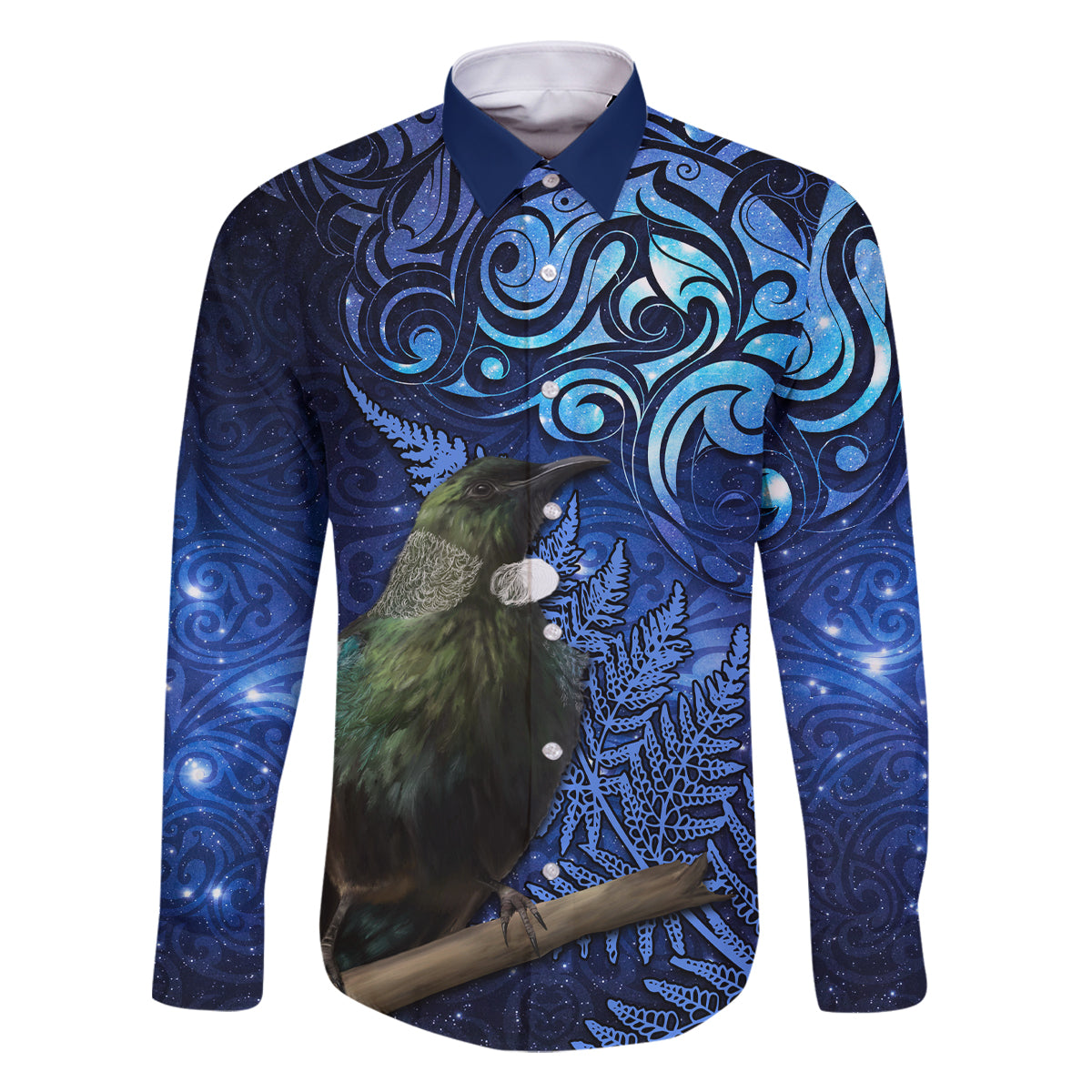 New Zealand Tui Bird Matariki Family Matching Tank Maxi Dress and Hawaiian Shirt Maori New Year with Galaxy Fern LT03 Dad's Shirt - Long Sleeve Blue - Polynesian Pride