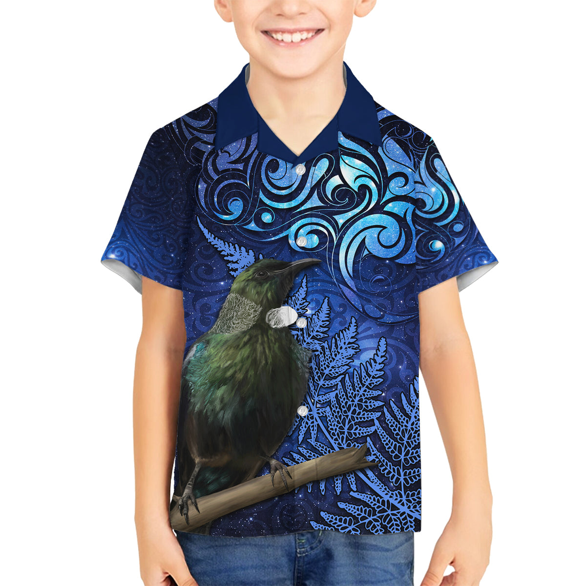New Zealand Tui Bird Matariki Family Matching Tank Maxi Dress and Hawaiian Shirt Maori New Year with Galaxy Fern LT03 Son's Shirt Blue - Polynesian Pride